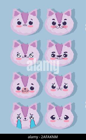 Kawaii emojis facce Cartoon carino animale rosa illustrazione vettoriale Illustrazione Vettoriale