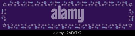 Natale banner blu. Bianco e blu cielo confine fiocchi di neve. Tema Natale con il simbolo del fiocco di neve ornamento. Design per biglietti di auguri, banner, intestazioni pos Illustrazione Vettoriale