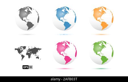 Vettore 3D i globi con mappe del mondo e continente versione USA. globi colorati. Mappa mondiale silhouette Stati Uniti globo. Illustrazione Vettoriale