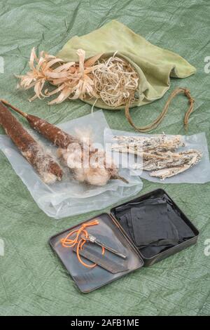 Bushcraft survival firelighting materiali. Feathersticks, infiammabile pino di Monterey, resina di lana di legno, giunco cat's-tail tinder, charcloth, firesteel. Foto Stock