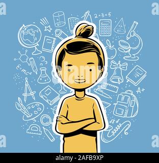 Bambino di scuola felice. Scuola, concetto di istruzione. Illustrazione vettoriale cartoon disegnata a mano Illustrazione Vettoriale