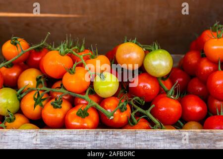 Una vista ravvicinata di pomodori organici venduti sulla vite in una cassa di legno su un mercato in stallo durante una fiera di strada Foto Stock