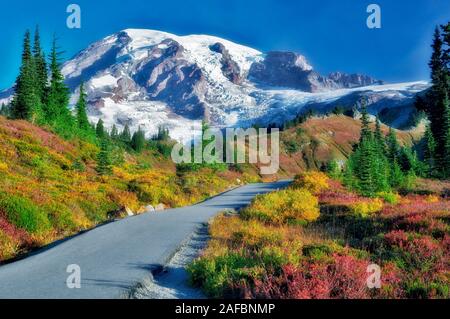 Autunno a colori e sunrise con il percorso in Mt. Rainier National Park . Washington Foto Stock