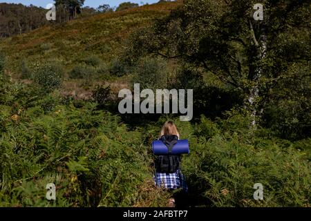 La donna in una passeggiata nella foresta in autunno/stagione estiva Foto Stock