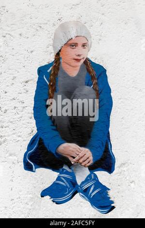 Greta Thunberg, clima svedese attivista, pasta-up di Marycula, Streetart, Duesseldorf, nella Renania settentrionale-Vestfalia, Germania Foto Stock