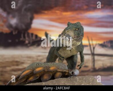 Tirannosauro con stegosaurus morto appena ucciso con il vulcano in eruzione in background Foto Stock