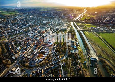 Fotografia aerea, vista del centro della città di Hamm con conversione del Lippewiesen per 'Hamm ans Wasser' Aviosuperficie Lippewiesen Hamm, EDLH, Generale Foto Stock