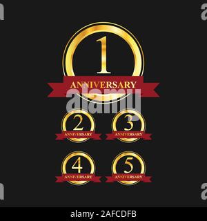 Da 1 a 5 anno anniversario etichetta oro immagine vettoriale. Golden Anniversary vettore etichetta logo design set Illustrazione Vettoriale