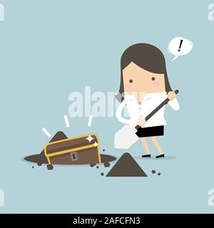 Imprenditrice terreno di scavo per un tesoro. Illustrazione Vettoriale