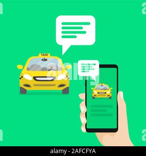 Mano azienda smartphone con le notifiche dei messaggi e di avvicinamento della cabina. Illustrazione Vettoriale