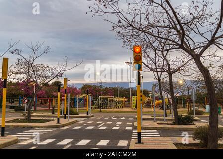 Unità di formazione per i bambini. Traffico esperienza educativa - area di esercitazione per i bambini. Mini auto road, segnaletica stradale e semaforo. Foto Stock