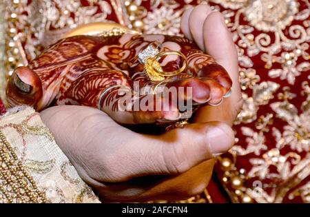 Un indiano si sposa e lo sposo tenendo le mani con anello durante un Indù rituale di nozze Foto Stock