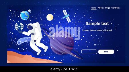 Astronauta di esplorare lo spazio cosmonauta in tuta spaziale oltre i pianeti del sistema solare 5g wireless connessione internet astronomia cosmo concetto a piena lunghezza orizzontale spazio copia illustrazione vettoriale Illustrazione Vettoriale