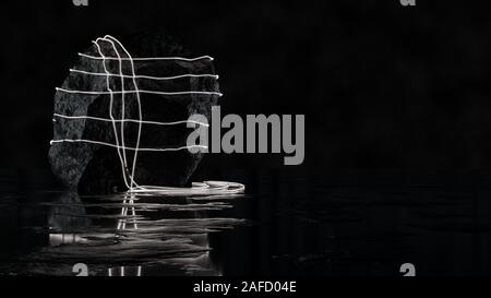 Un LED bianco nastro viene avvolto intorno a un grande blocco di pietra. Sfondo nero e il pavimento con la riflessione. 3D illustrazione Foto Stock