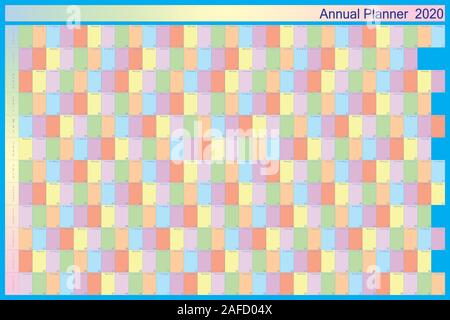 Planner annuale 2020 sul blu con colore specifico per ogni giorno della settimana in lettere nere con contorno bianco Illustrazione Vettoriale