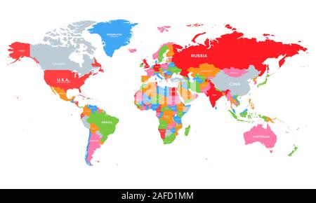 Colorato Hi vettore dettagliata mappa mondiale completa con tutti i nomi dei paesi. Piano terra, modello mappa per sito web pattern, relazione annuale, infographics. Illustrazione Vettoriale