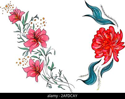 Set di due estate coloratissimi fiori tropicali. Floreale di fiori botanici impostare isolati su sfondo bianco. Disegnato a mano Collezione di vettore. Botanical Hawaii Illustrazione Vettoriale