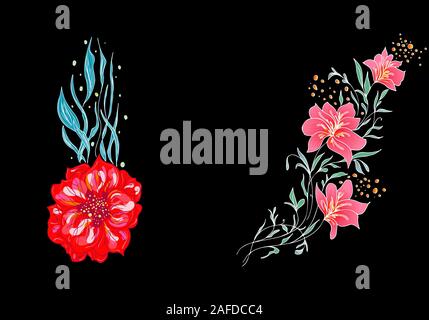 Set di due estate coloratissimi fiori tropicali. Floreale di fiori botanici impostare isolati su sfondo nero. Disegnato a mano Collezione di vettore. Botanical Hawaii Illustrazione Vettoriale