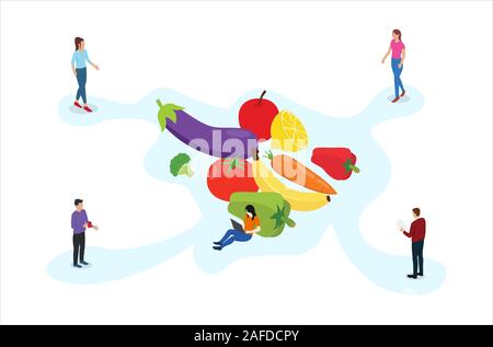 Heathy frutta e verdura con persone e moderno stile isometrica con sfondo bianco - illustrazione vettoriale Foto Stock