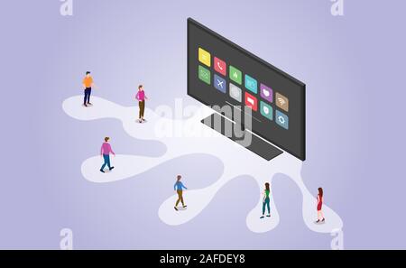 Smart tv technology con l'icona apps e persone con vista isometrica moderno stile piatto - illustrazione vettoriale Foto Stock