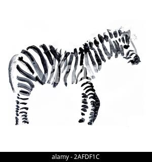 Zebra disegno artistico con mascara nero. Schizzo di animali su sfondo bianco. Foto Stock