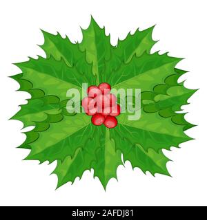 Holly bacche con foglie verdi illustrazione vettoriale isolato su uno sfondo bianco. Frutti di bosco di leccio. Il rametto con foglia. Rametto di vischio Natale bunc Illustrazione Vettoriale