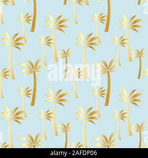 Modello senza soluzione di continuità con il golden palm trees su uno sfondo blu. Illustrazione colorata. EPS vettoriali10. Illustrazione Vettoriale