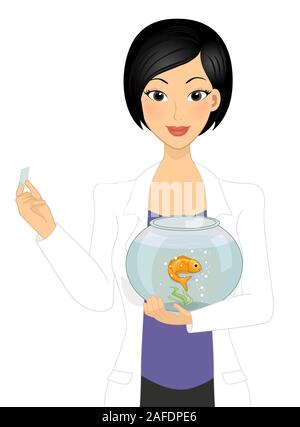 Illustrazione di una ragazza del veterinario che indossa mantello bianco e trattenimento di un pesce in una terrina di pesce e il vetrino di vetro Foto Stock