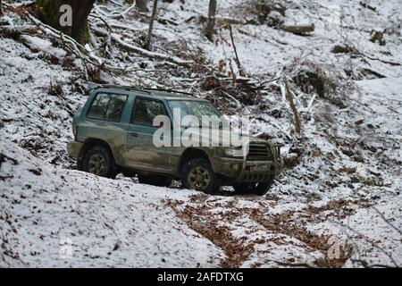 Off-road corse in auto in discesa su neve e fango in foresta Foto Stock