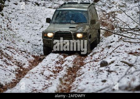 Off-road corse in auto in discesa su neve e fango in foresta Foto Stock