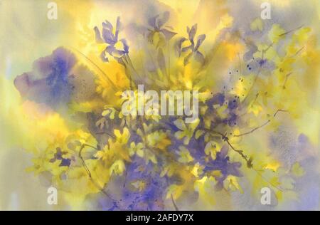 Coltivazione e iride fiori in giallo sfondo ad acquerello Foto Stock
