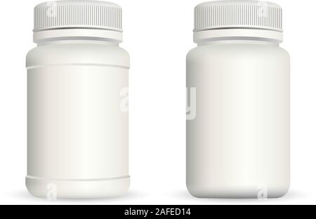 Realistiche le bottiglie di plastica insieme per la medicina isolati su sfondo bianco. Contenitore per farmaci Mock up bianco latte modello. EPS vettoriali10 illustrazione. Illustrazione Vettoriale