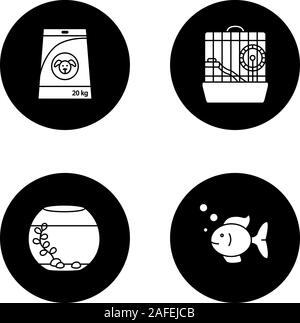 Animali domestici forniture glifo set di icone. Dog food, acquario e pesci, gabbia di criceto. Vettore silhouette bianca illustrazioni di cerchi neri Illustrazione Vettoriale