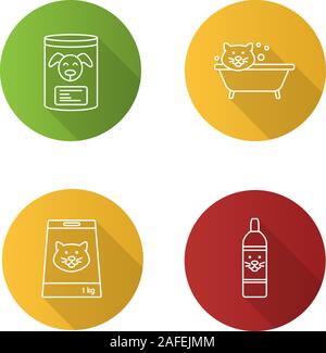 Animali domestici forniture lineare piana lunga ombra set di icone. Conserve Alimentari Animali Domestici, balneazione cat, bottiglia di shampoo. Vettore illustrazione di contorno Illustrazione Vettoriale