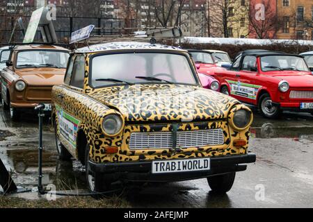 Leopard spotted Trabant a Trabi mondo Trabant Museum di Berlino in Germania Foto Stock