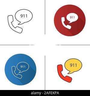 Servizio di chiamata di emergenza e la relativa icona. Design piatto, lineare e stili colore. Ricevitore e discorso bolla con 911 numero interno. Isolato illustrazioni vettoriali Illustrazione Vettoriale