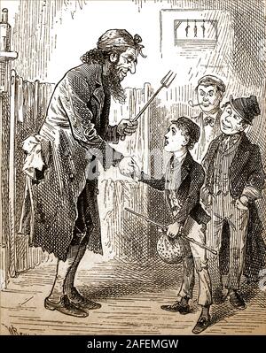 1885 Illustrazione Fagin saluta Oliver Twist con l'evasore Artful cercando su - ( dal romanzo Oliver Twist di Charles Dickens) Foto Stock