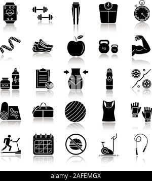 Caduta di fitness shadow black glifo set di icone. Attrezzature sportive. Le macchine ginniche, barbells, manubri, vestiti. Isolato illustrazioni vettoriali Illustrazione Vettoriale