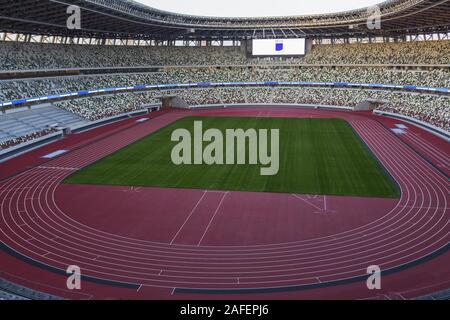 Dicembre 15, 2019, Tokyo, Giappone: il nuovo National Stadium è visto durante un tour dei media in seguito dalla costruzione cerimonia di completamento. I rappresentanti della stampa hanno visitato la sede per il prossimo Tokyo 2020 Giochi Olimpici e Paraolimpici dopo il Giappone il Primo Ministro Shinzo Abe e governatore di Tokyo Yuriko Koike ha partecipato alla costruzione cerimonia di completamento. (Credito Immagine: © Rodrigo Reyes Marin/ZUMA filo) Foto Stock