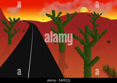 Strada nel deserto del fumetto. Rosso tramonto o l'alba, verde cactus Foto Stock