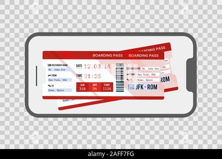 Telefono cellulare con carta d'imbarco mobile biglietto aereo. Concetto moderno di viaggio o di viaggio. Illustrazione Vettoriale