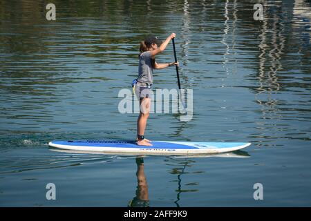 Vista laterale di una giovane donna pagaiando su uno stand up paddle in pensione il Santa Barbara canale nel porto di Santa Barbara, CA, Stati Uniti d'America, Foto Stock