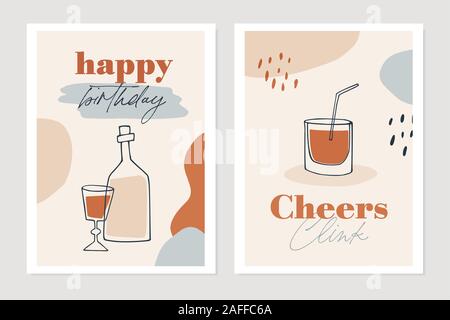 Nuova serie di anni di biglietti d'auguri, inviti per le feste. Cocktail, bottiglia di vino e bicchieri. Ciao e buon compleanno testo. Abstract forme geometriche Illustrazione Vettoriale