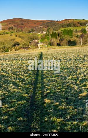 Il sole la colata del fotografo's shadow direttamente lungo la linea di un percorso in un campo vicino a Hathersage, Peak District, Derbyshire, Inghilterra, Regno Unito. Foto Stock