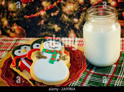 Biscotti di Natale e un bicchiere di latte sono nella foto accanto a un albero di Natale, 7 gennaio 2017, in Coden, Alabama. Foto Stock