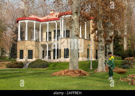 Un Giovane scopa è lavorare in tela del Padiglione di Ahmad Shah Qajar (1898-1930). Il palazzo è situato nel Palazzo Niavaran complessa, Teheran. Foto Stock