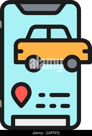 Taxi arrivo messaggio, servizio taxi applicazione colore piatto icona linea. Illustrazione Vettoriale