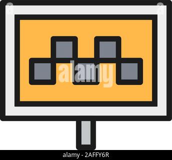 Taxi puntatore mappa, segno di taxi, auto, cabina piatto linea colore icona. Illustrazione Vettoriale