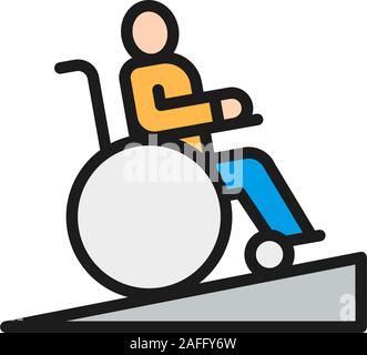 Uomo in sedia a rotelle e persone con problemi di mobilità linea di colore icona. Illustrazione Vettoriale