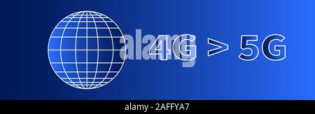 Tecnologia banner orizzontale. Icona a forma di globo. White meridiani e paralleli. 4G e 5G globale della connettività di rete. Sfondo blu. Mondo telecommunicati Illustrazione Vettoriale